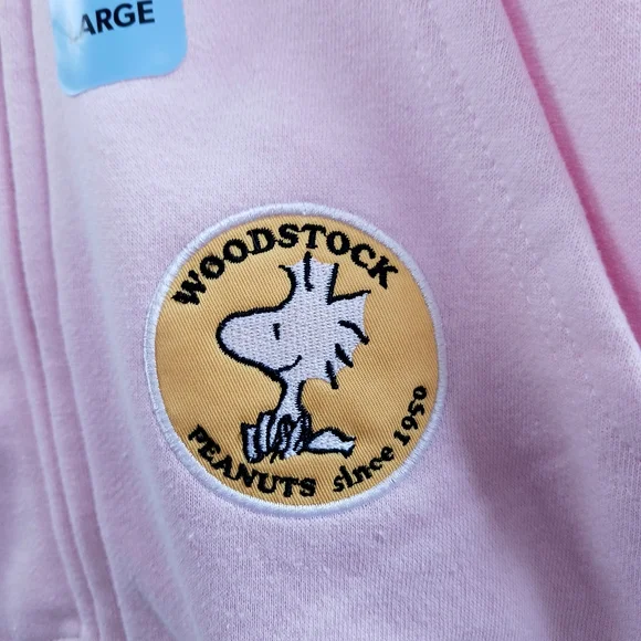 PEANUTS Snoopy Full Zip Hoodie Woodstock Embroidered Sweatshirt Pink Size L NEW - Picture 5 of 16